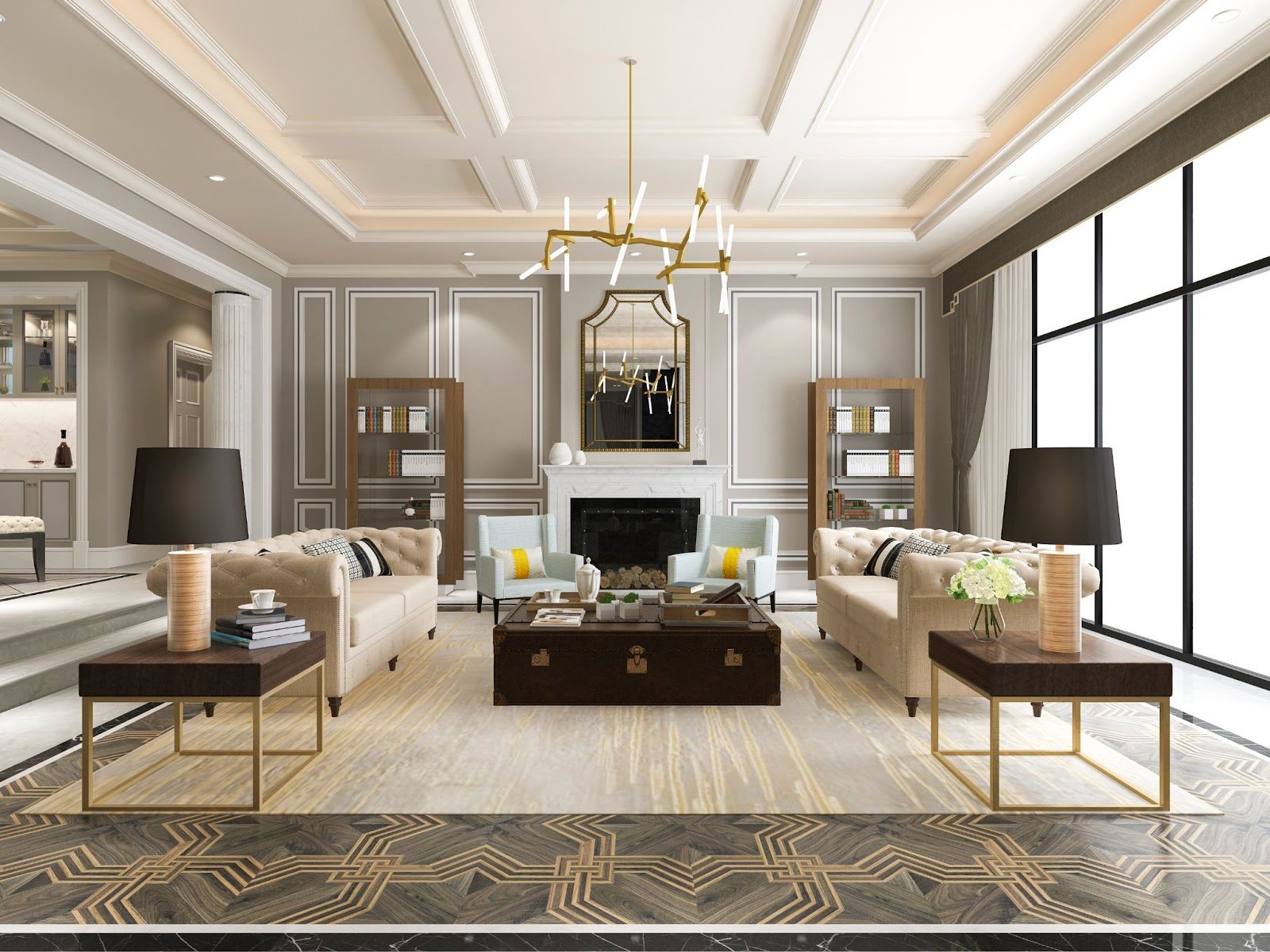 boiserie com moldura colorida em sala